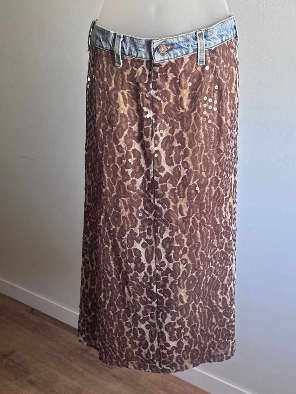 Maxou leopard print midi sequin skirt with denim waist band